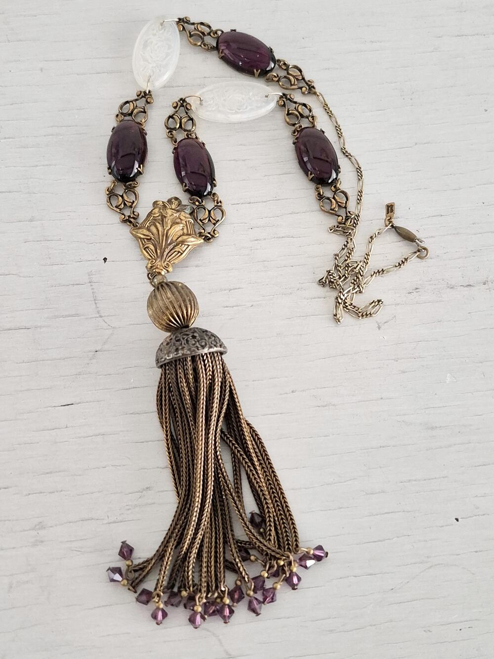 Vintage Signed Sadie Green Amethyst Colored Tassel Necklace